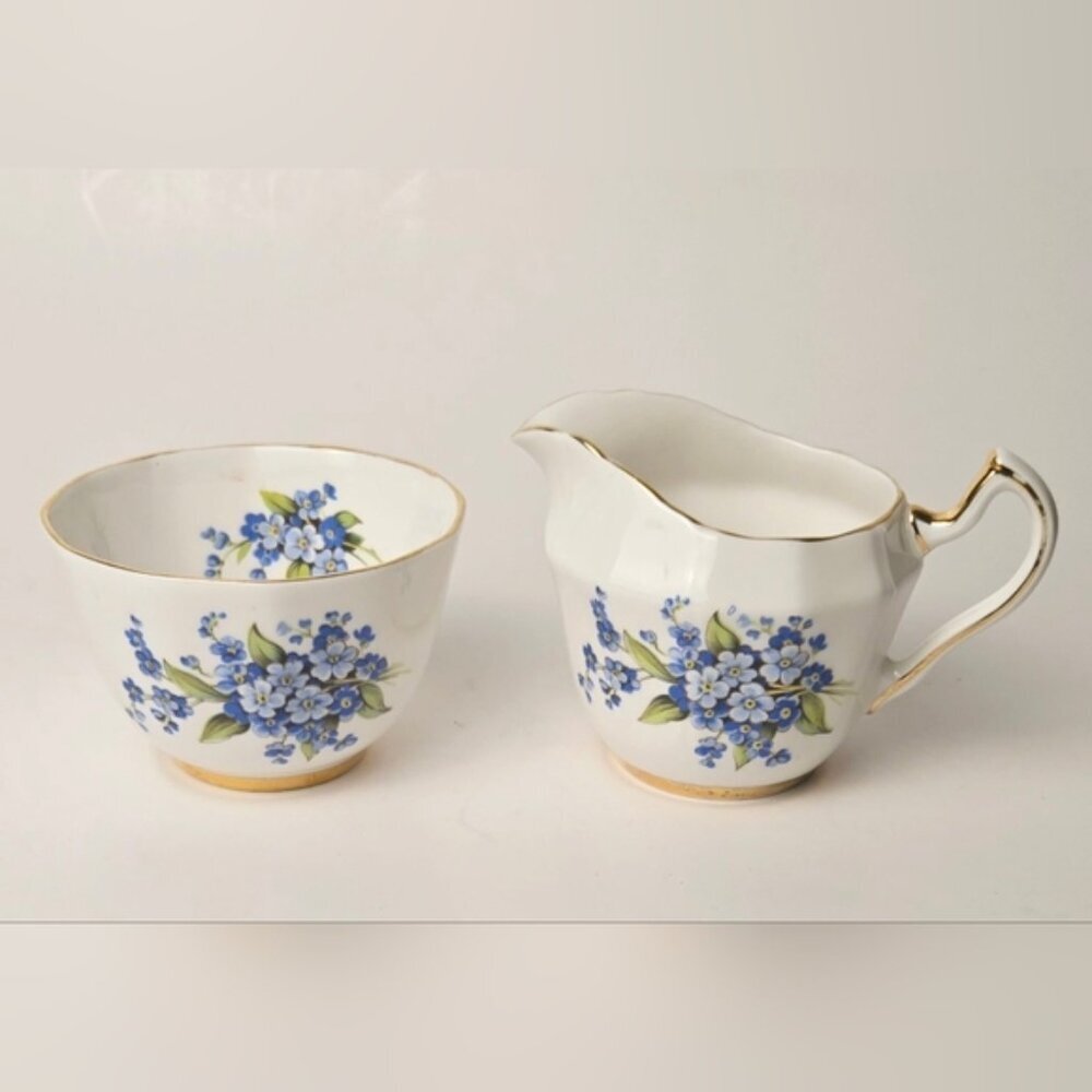 Windsor Bone China Creamer And Sugar Bowl Blue Forget Me Knotts Made In England